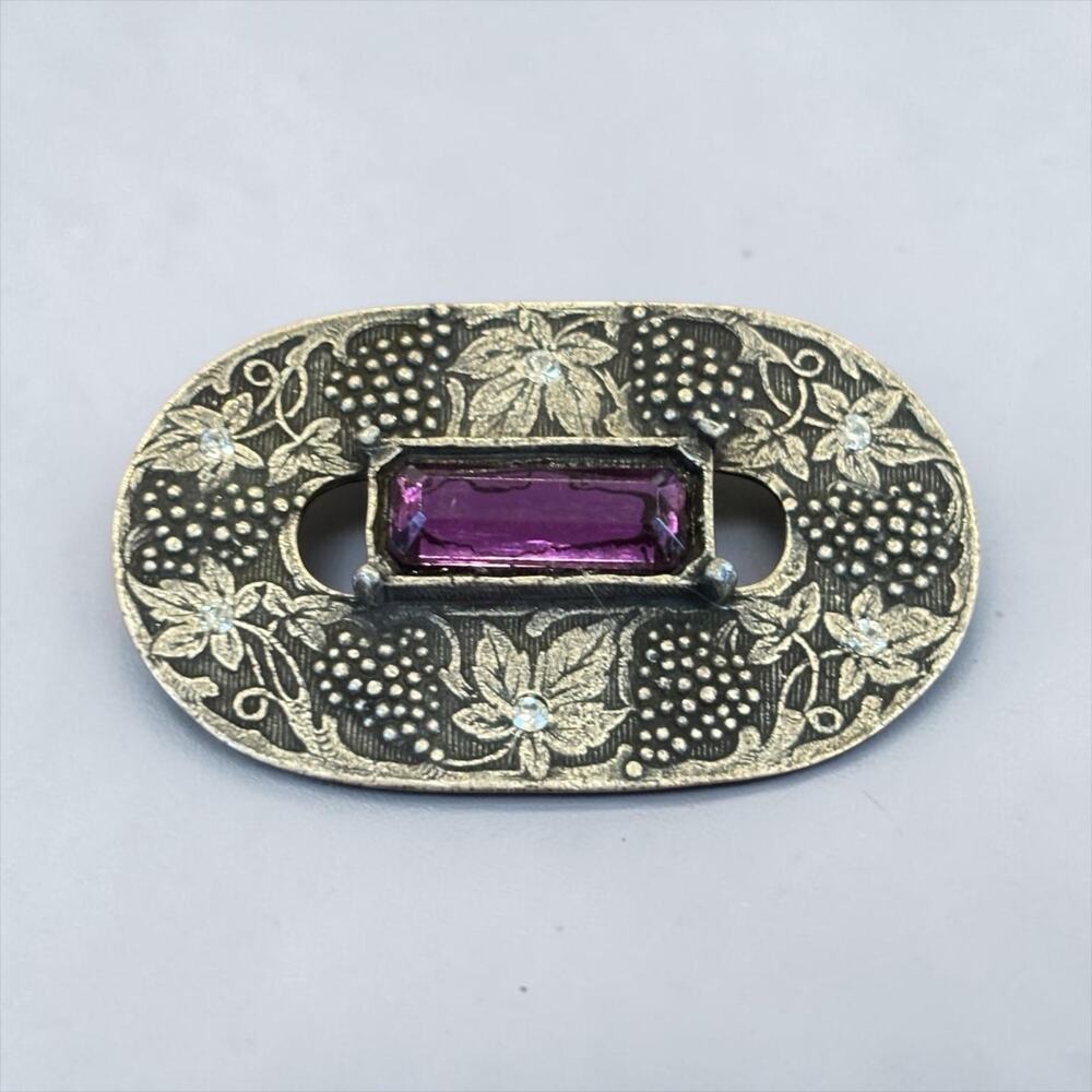 Antique Art Nouveau Brooch Purple Glass Floral Engraved Pin C Clasp 1900s